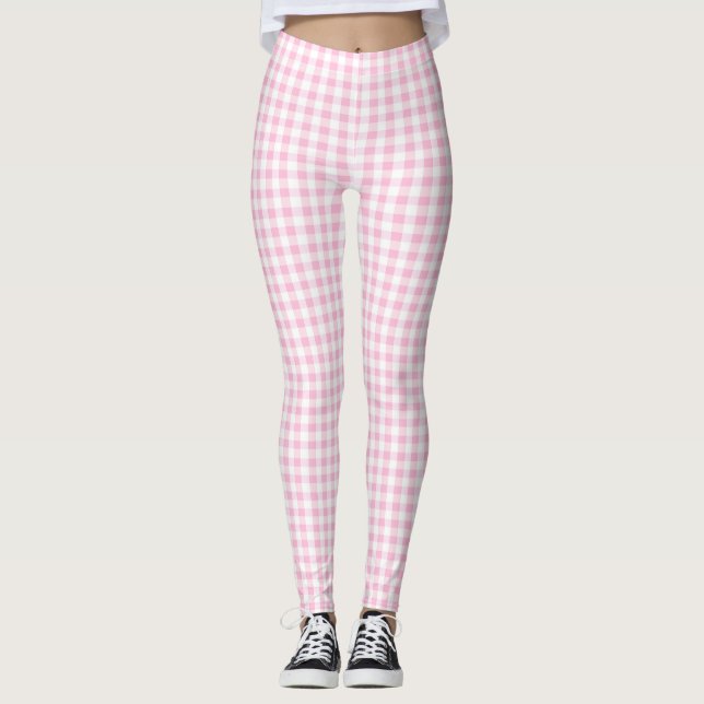 Elegant Pink and White Gingham Pattern  Leggings (Front)