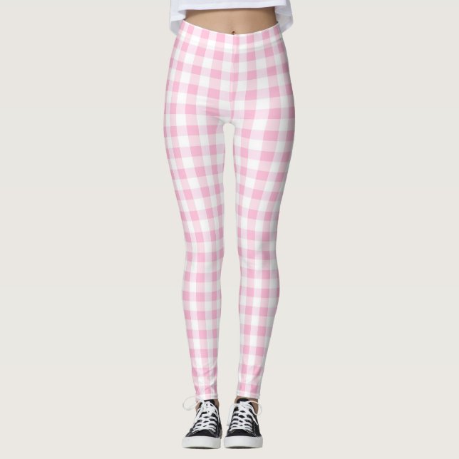 Elegant Pink and White Gingham Pattern  Leggings (Front)