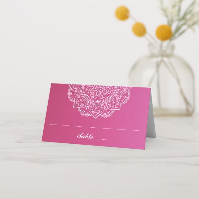 Elegant Pink and White Paisley Indian Wedding Place Card (Front)