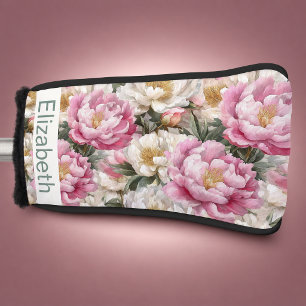 Elegant Pink and White Peony Personalised Golf Head Cover