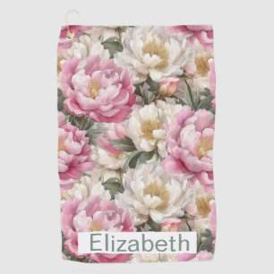 Elegant Pink and White Peony Personalised Golf Towel