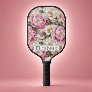 Elegant Pink and White Peony Personalised Pickleball Paddle