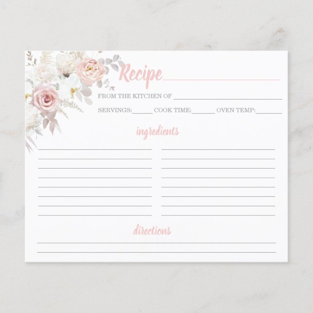 Elegant pink and white recipe card bridal shower (Front)