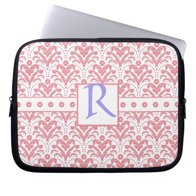 Elegant Pink and White Retro 1930s Art Deco Damask Laptop Sleeve (Front)