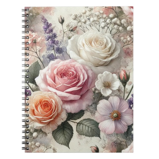 Elegant Pink and White Rose Pattern Spiral Notebook (Front)