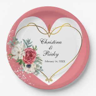 Elegant Pink And White Rose Wedding Paper Plate
