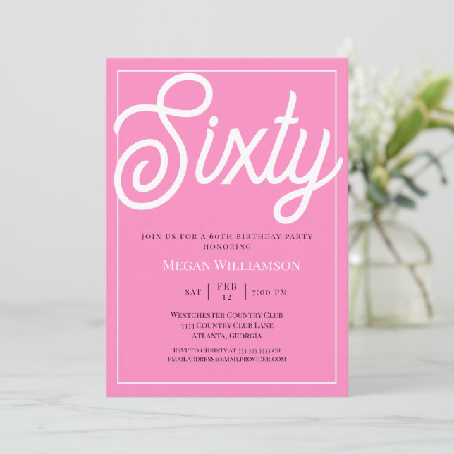 Elegant Pink and White Script 60th Birthday Invitation (Standing Front)