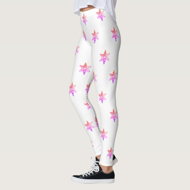 Elegant Pink and White Snowflakes Christmas Leggings (Left)