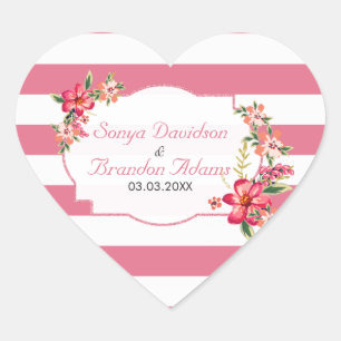 Elegant Pink And White Stripes And Flowers Heart Sticker
