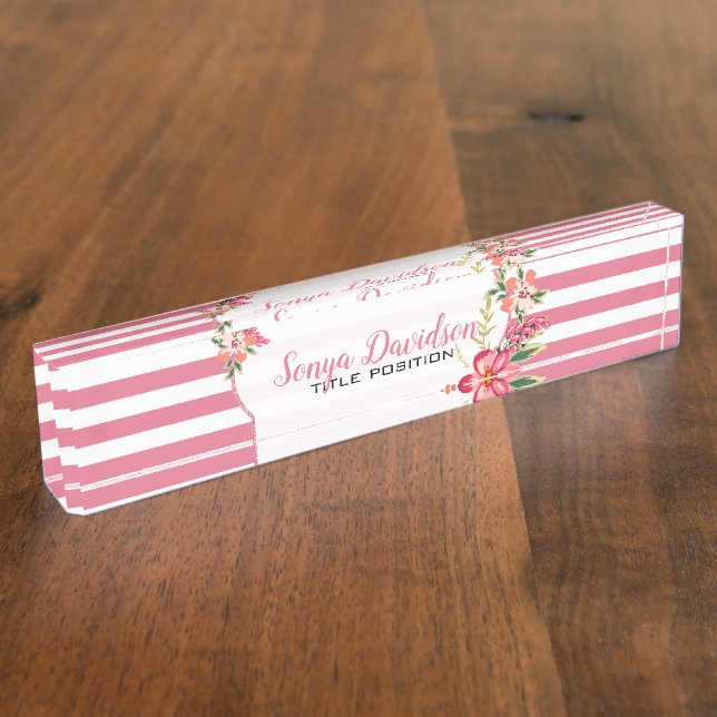 Elegant Pink And White Stripes Nameplate (Side)
