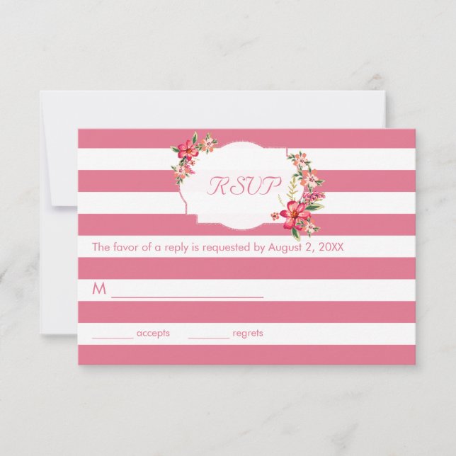 Elegant Pink And White Stripes With Bouquet- RSVP (Front)