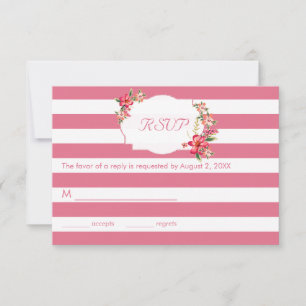 Elegant Pink And White Stripes With Bouquet- RSVP Card