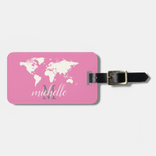 Elegant Pink and White Travel World-Map,Aeroplane Luggage Tag