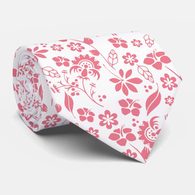Elegant Pink and White Tropical Flowers Tie (Rolled)