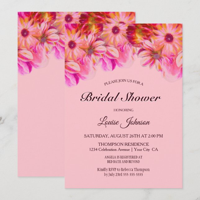 Elegant Pink and Yellow Floral Bridal Shower Invitation (Front/Back)