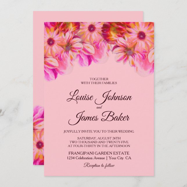 Elegant Pink and Yellow Floral Wedding Invitation (Front/Back)