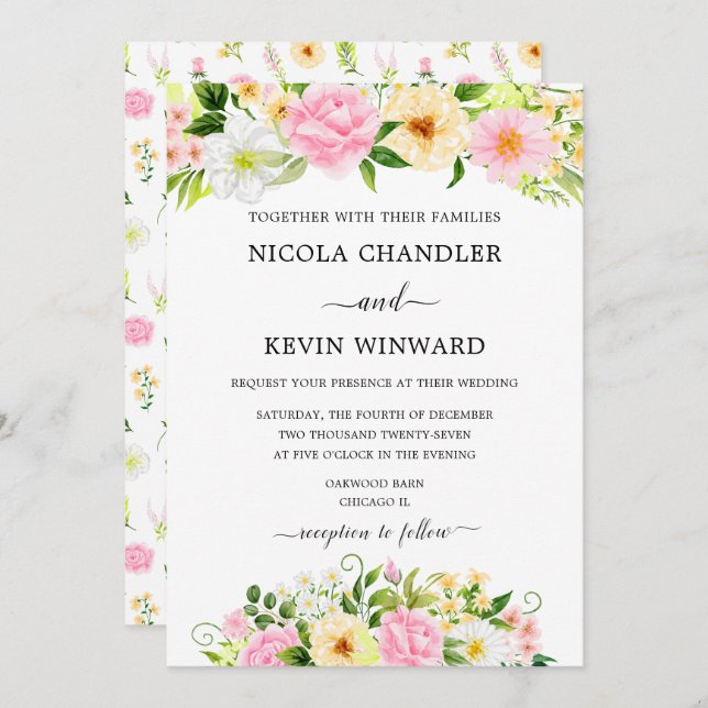 Elegant Pink and Yellow Floral Wedding Invitation (Front/Back)