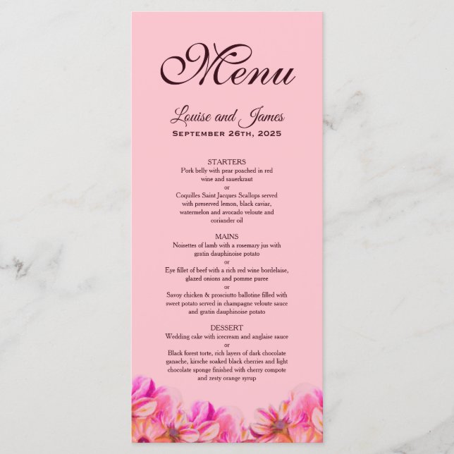Elegant Pink and Yellow Floral Wedding Menu (Front)
