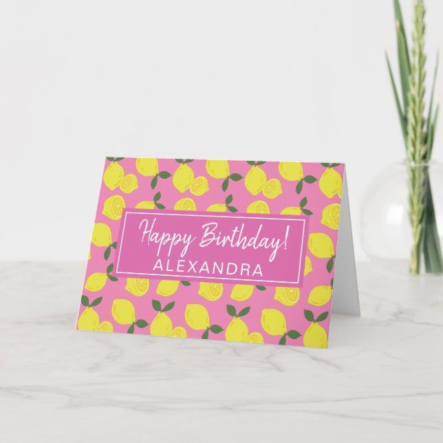 Elegant Pink and Yellow Lemon Happy Birthday Card (Front)