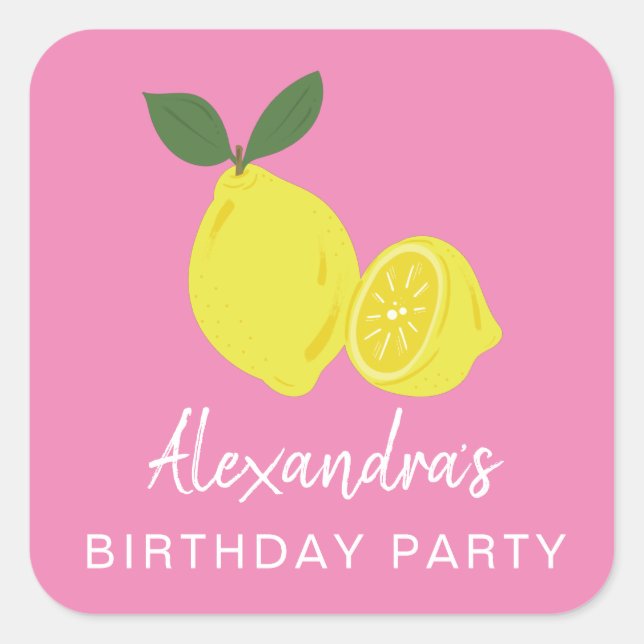 Elegant Pink and Yellow Lemon Party Square Sticker (Front)