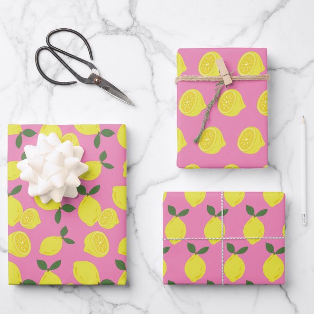 Elegant Pink and Yellow Lemon Pattern Wrapping Paper Sheet (Front)