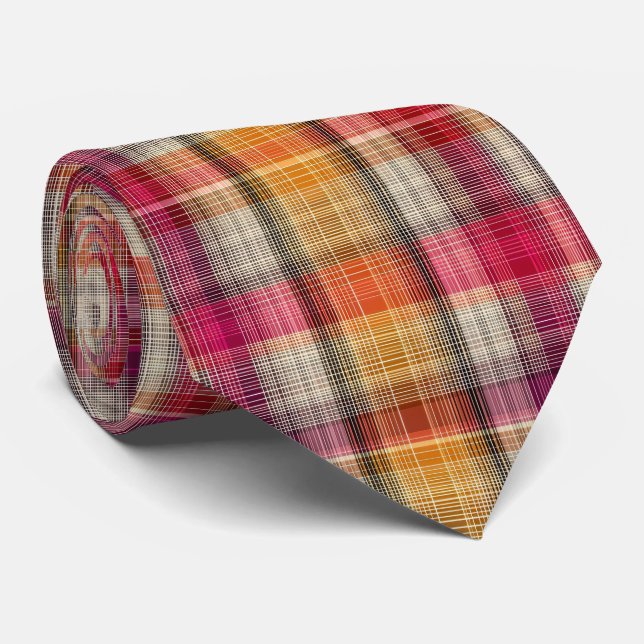 Elegant Pink and Yellow Plaid Gingham Pattern Tie (Rolled)