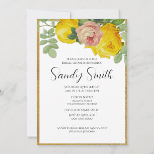 Elegant Pink and Yellow Roses Bridal Shower Invitation