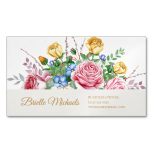 Elegant Pink and Yellow Spring Rose Floral Magnetic Business Card