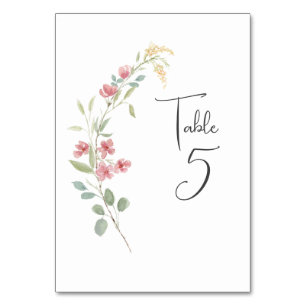 Elegant pink and Yellow Watercolor Wildflower  Table Number