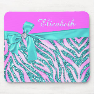 Elegant Pink Aqua Fake Glitter Zebra Bow Monogram Mouse Mat