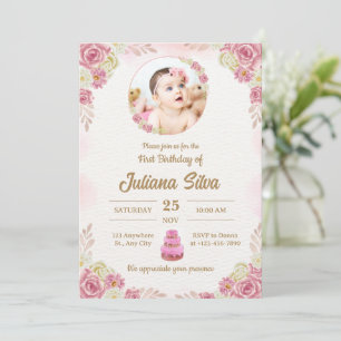 Elegant Pink Baby Girl First Birthday Custom Photo Invitation