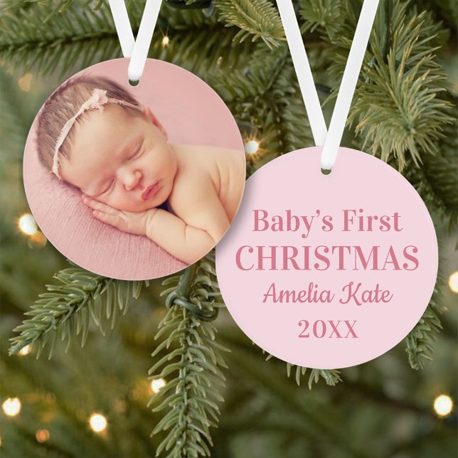 Elegant Pink Baby Girl First Christmas Photo Ornament (Creator Uploaded)