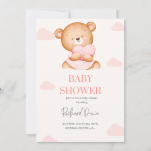 elegant pink baby girl shower invitation bear