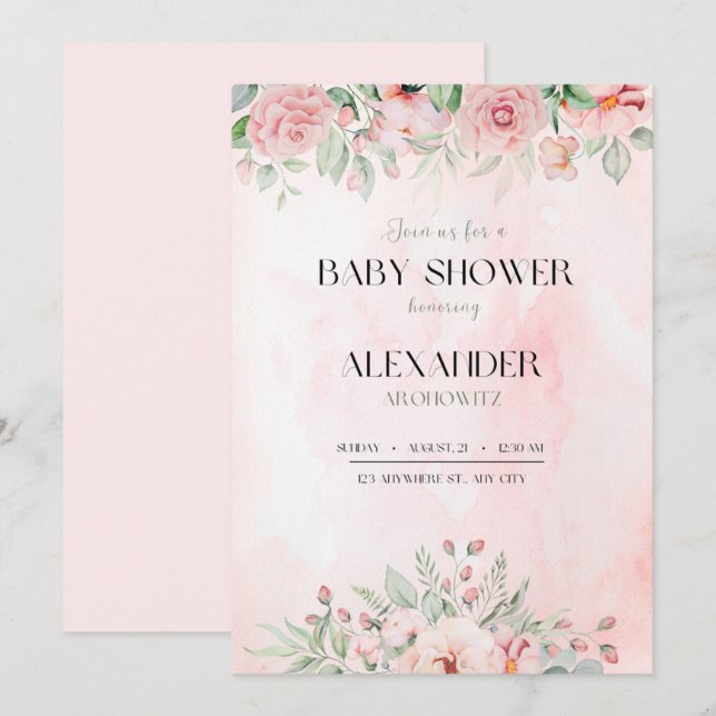 elegant pink baby girl shower invitation flowers (Front/Back)