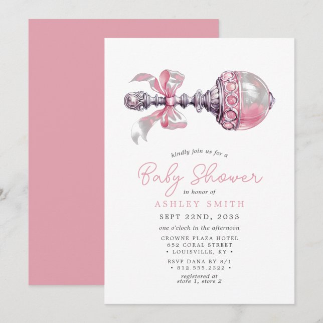 Elegant Pink baby Rattle Girl Baby Shower Invitation (Front/Back)