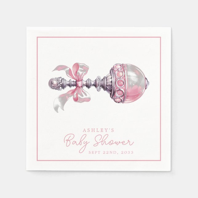 Elegant Pink Baby Rattle Girl Baby Shower Napkin (Front)