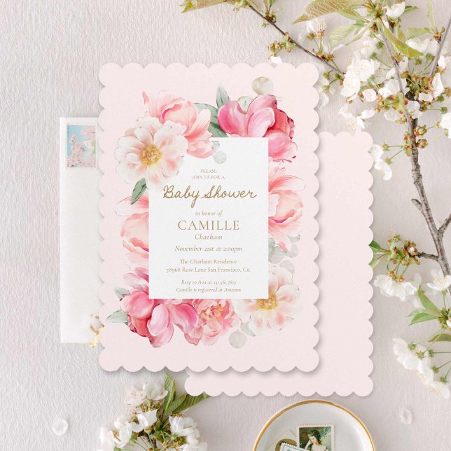 Elegant Pink Baby Shower Invitation (Elegant Watercolor Pink floral Baby Shower Invitation)