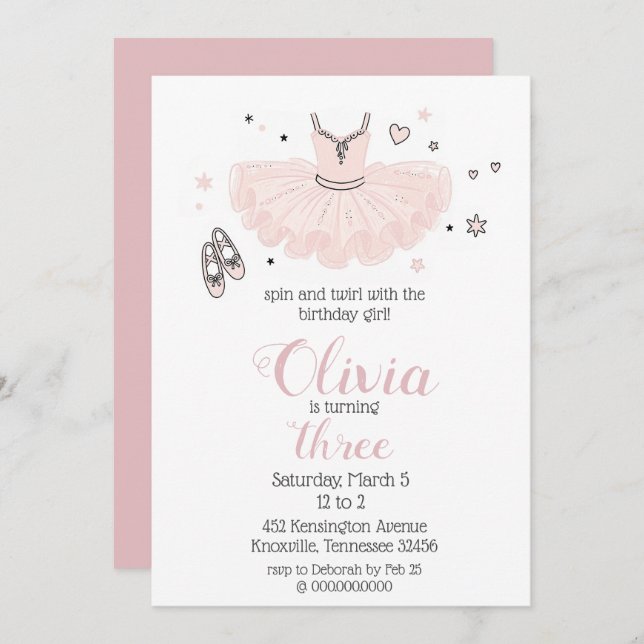 Elegant Pink Ballerina Birthday Invitation (Front/Back)