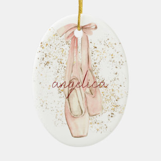 Elegant Pink Ballerina Dancer Shoes Gold Glitter Ceramic Tree Decoration