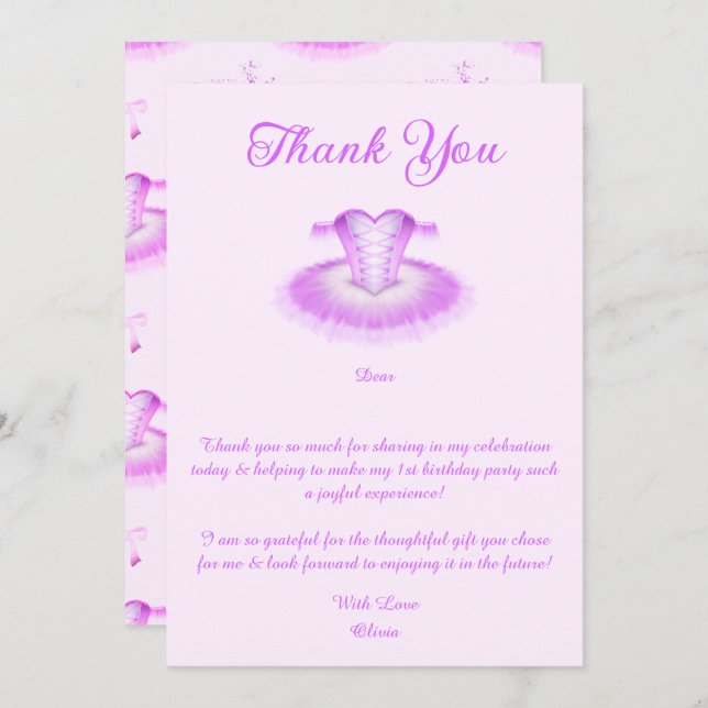 Elegant Pink Ballet Birthday Tutu Watercolour Thank You Card (Front/Back)