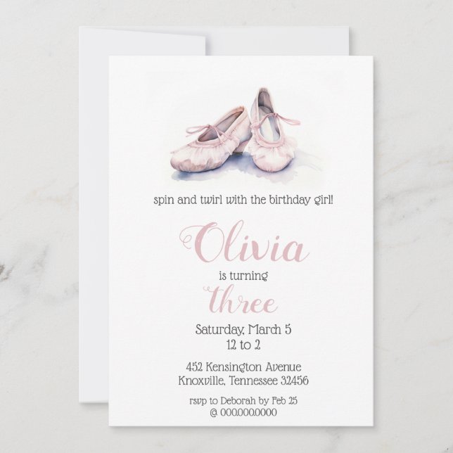Elegant Pink Ballet Shoes Ballerina Birthday Invitation (Front)