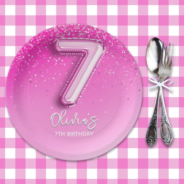 Elegant Pink Balloon Numbers 7th Birthday for Girl Paper Plate (Creator Uploaded)