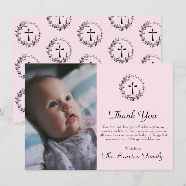 Elegant Pink Baptism Baby Photo Thank You Card (Front/Back)