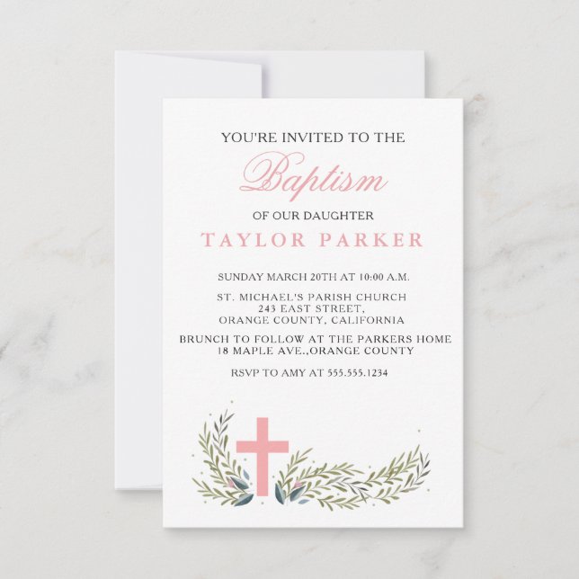 Elegant Pink Baptism/Christening Invitation (Front)