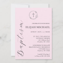Elegant Pink Baptism Cross Wreath Invitation