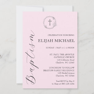 Elegant Pink Baptism Cross Wreath Invitation