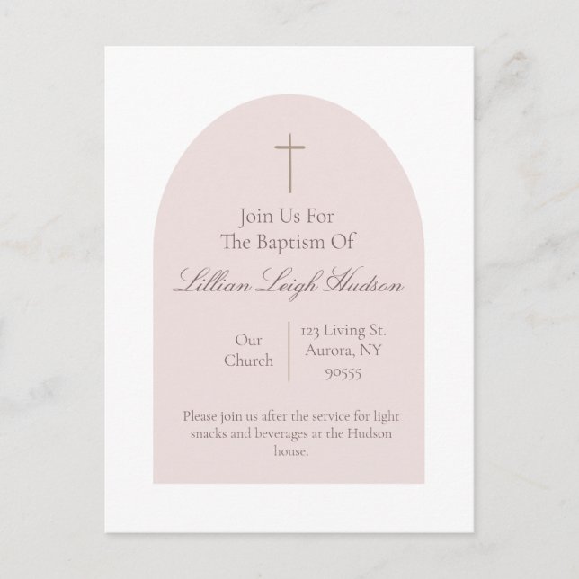 Elegant Pink Baptism Invitation | Minimalist Girl  Postcard (Front)