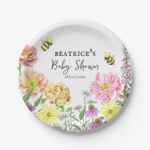 Elegant Pink Bee and Wildflower Baby Shower Paper Plate