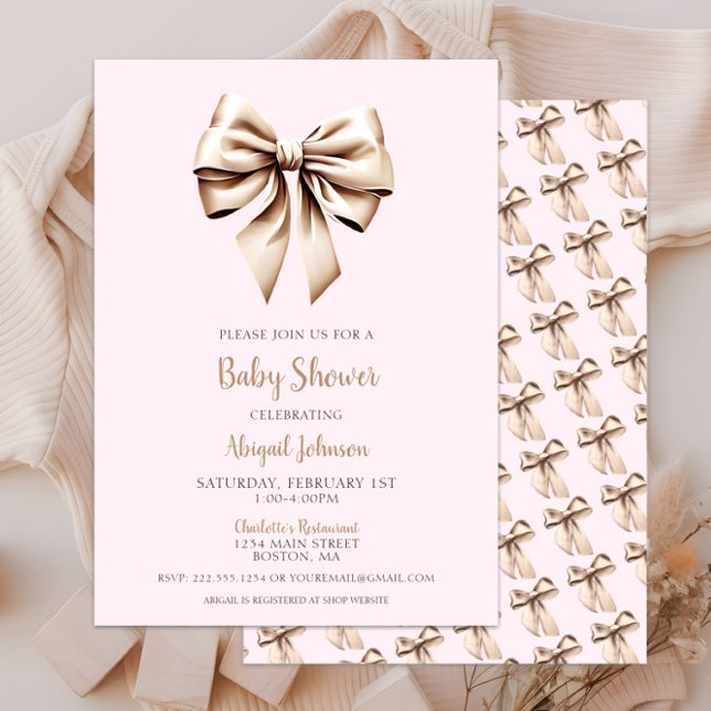 Elegant Pink Beige Coquette Bow Baby Shower Invitation (Chic Blush Pink Beige Coquette Bow Baby Shower Invitation, Modern Script, Classic Baby Girl Shower)