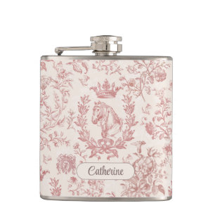 Elegant Pink Beige Equestrian Floral Toile Name Hip Flask